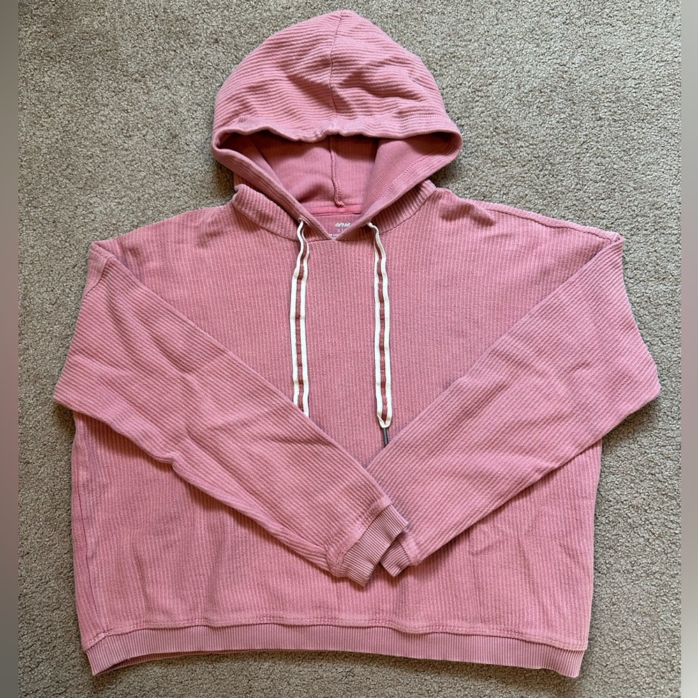 Aerie Cropped Hoodie Women’s S Pink Corded Sweatshirt Pullover